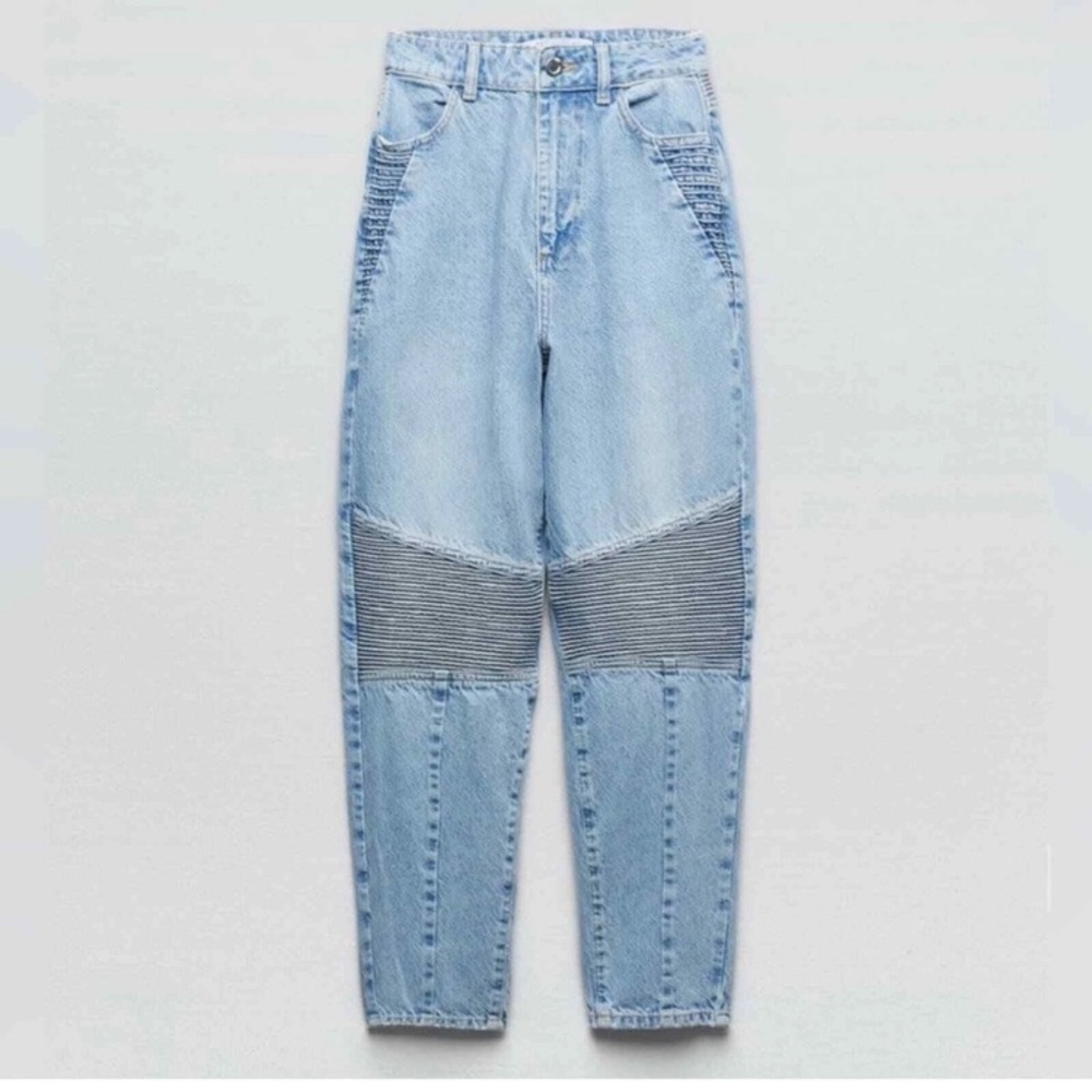 ZARA Size 4-26” Waist‎ Barrel Leg High Rise Mom Moto Ankle Jeans Pleated Detail - Picture 2 of 8